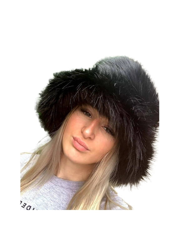 Winter Bucket Hat Fluffy Faux Fur Fisherman Cap for Women Men Solid Color Style