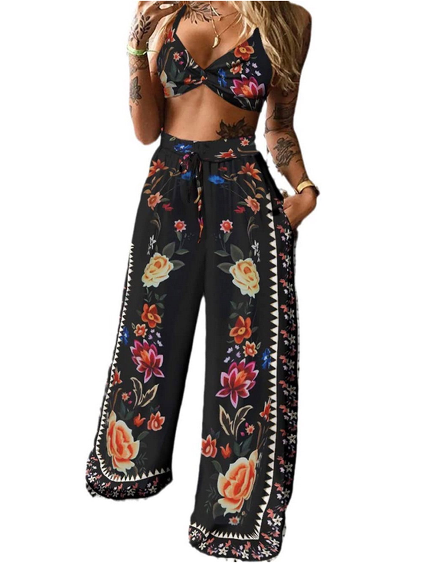FOCUSNORM Women 2pcs Boho Outfits Summer Bohemian Butterfly Print