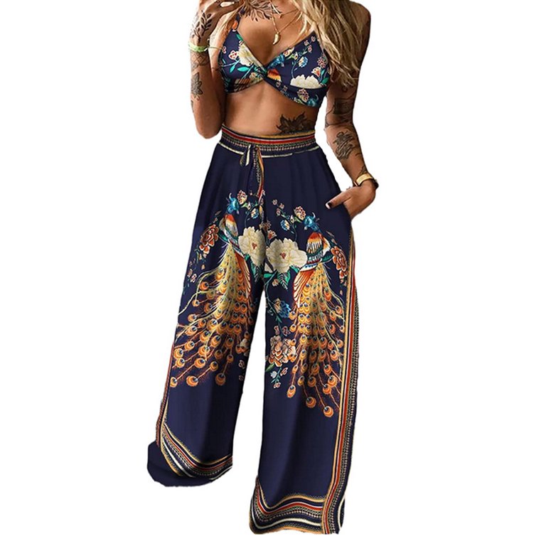 Women Boho Outfits-Summer Lady Bohemian Butterfly Printed Pattern Tops Long  Pants 2Pcs Set