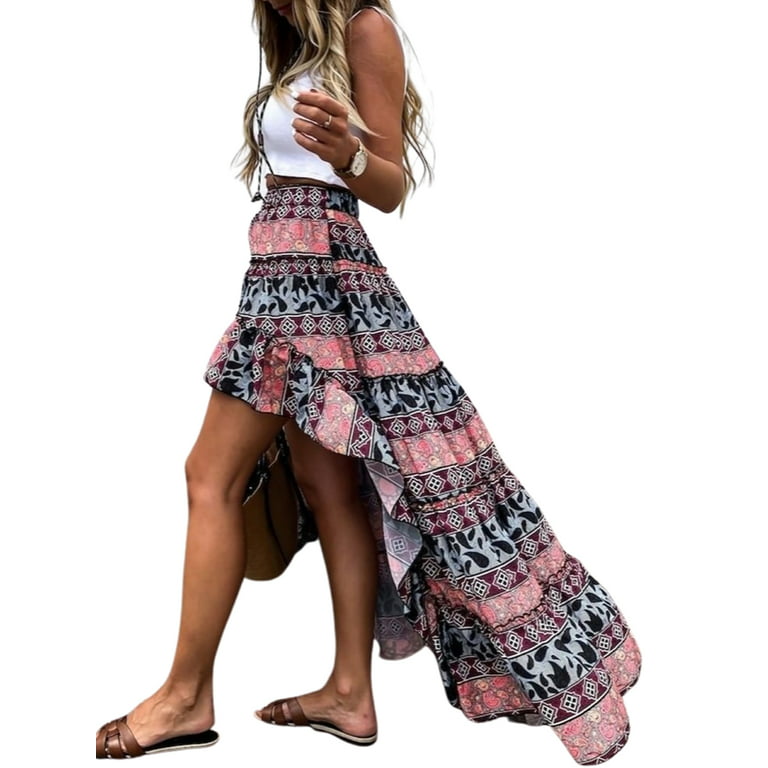 Womens Boho Floral Long Maxi Skirt Ladies High Waist Beach Swing Long Dress