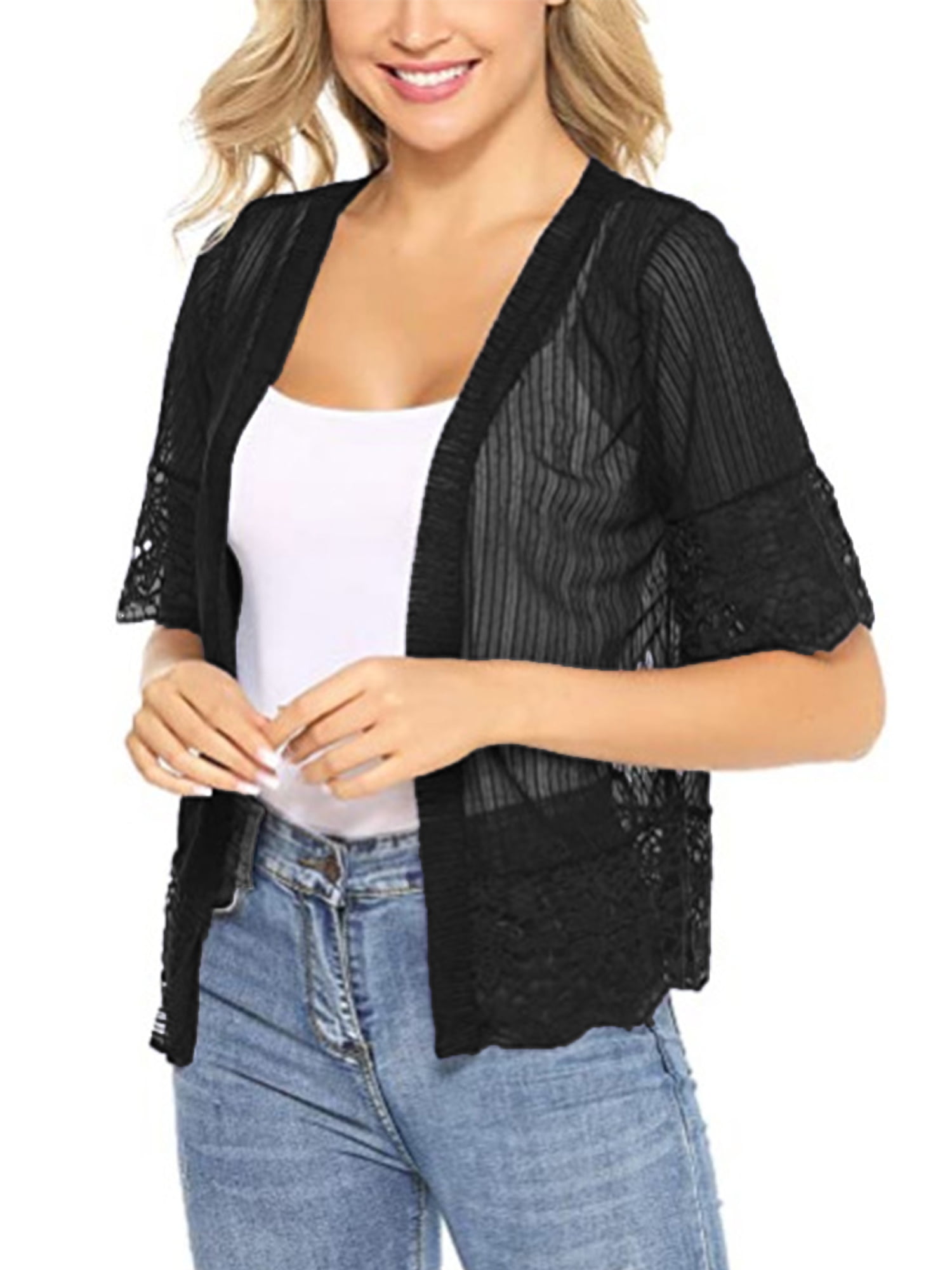 FOCUSNORM Women Bolero Cardigan Open Front Solid Lace Sheer Jackets