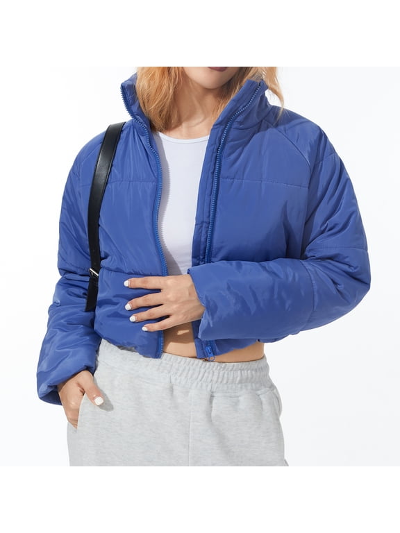 Women Cropped Puffer Jacket Cotton-Padded Stand Collar Long Sleeve Zip-Up Quilted Puffy Short Down Coats