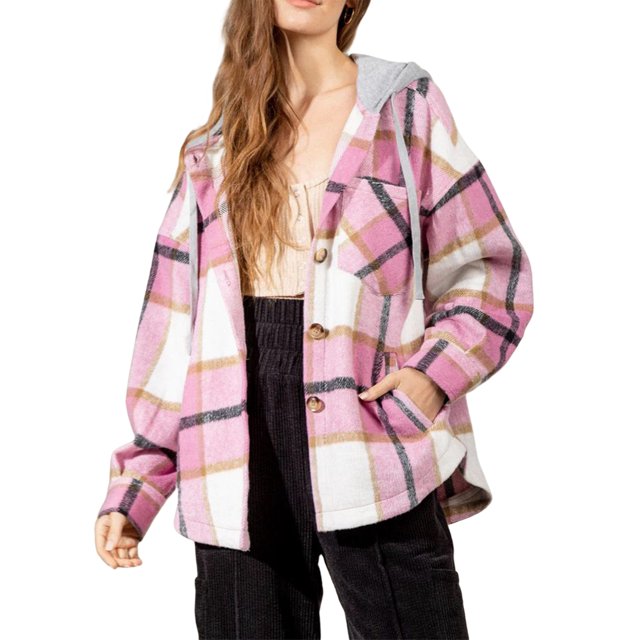 FOCUSNORM Women Flannel Jacket with Hood Fall Plaid Hooded Shacket Shirt Shacket Coat