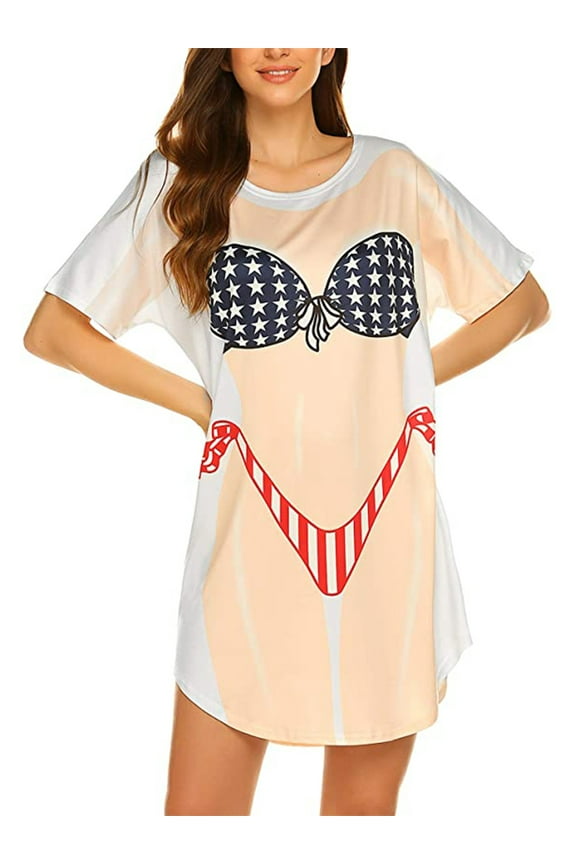 Women Funny Bikini Shirt Cover Up, Short Sleeve Bathing Suit Shirt, Baggy T Shirt Dress Fun Wear