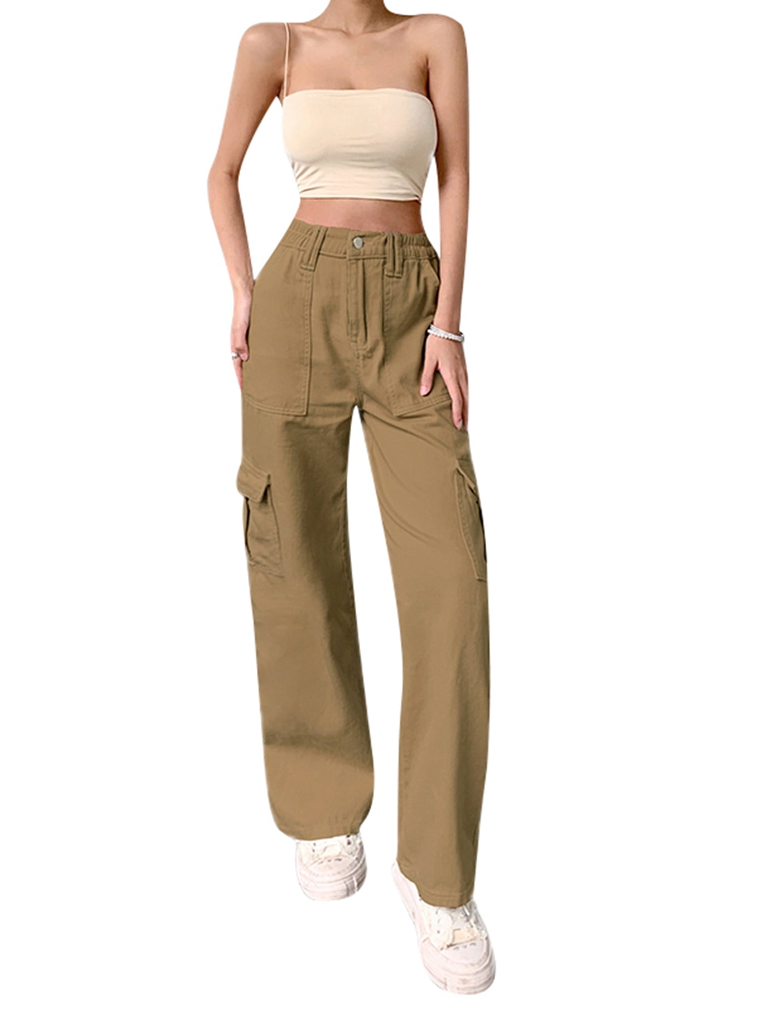 FOCUSNORM High Waist Baggy Cargo Jeans for Women Flap Pocket Relaxed Fit  Straight Wide Leg Y2K Pants