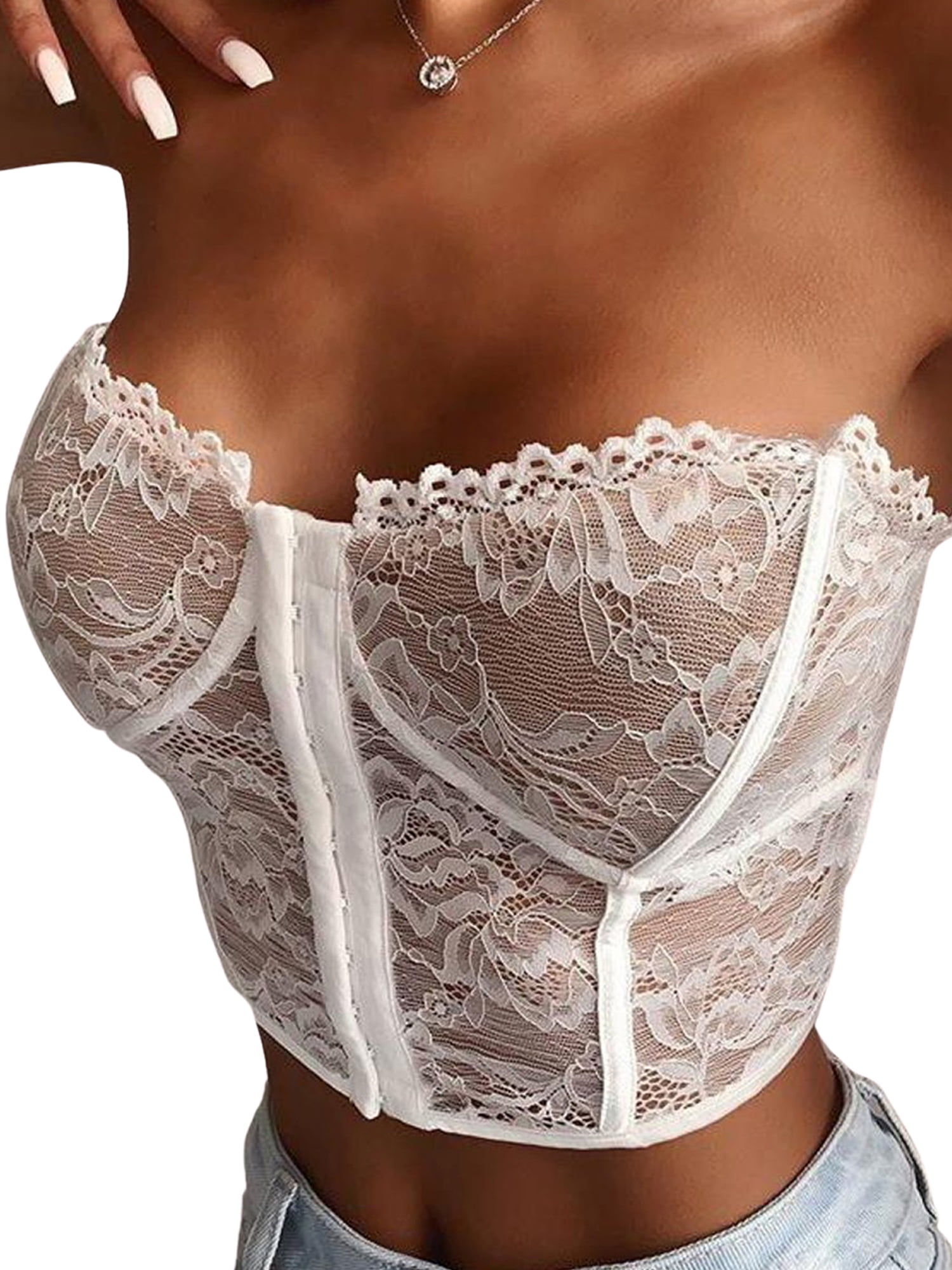 FOCUSNORM Women Lace Floral Bustiers Strapless Push Up Corsets Front Closure Slim Tube Tops