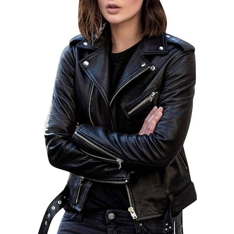 Women's Zipper Artificial Leather Jacket Lapel Long Sleeve Short Pu  Motorcycle Clothing Slim Jacket Coat