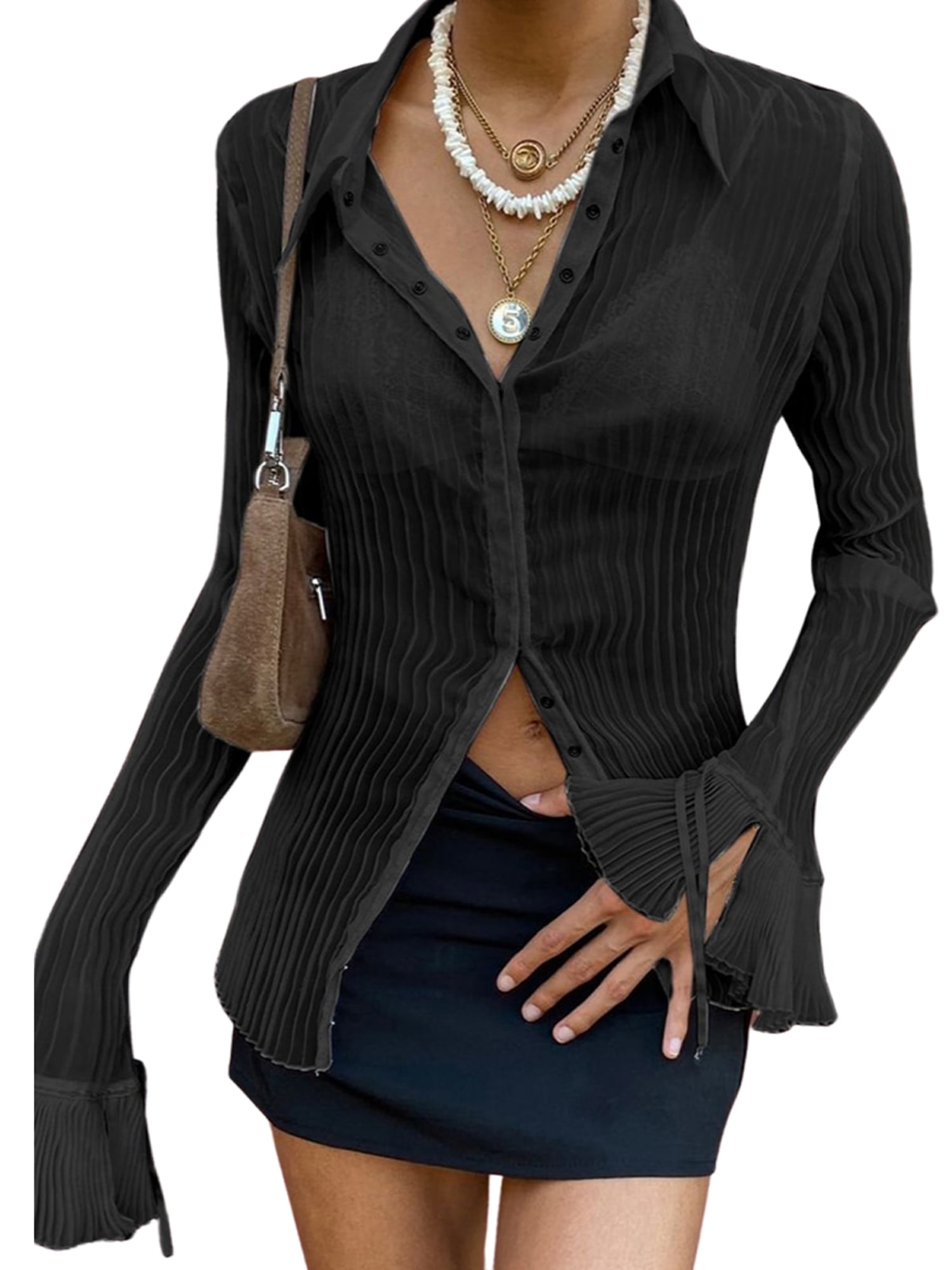 FOCUSNORM Women Long Sleeve Sheer Top Flare Sleeve Button Up