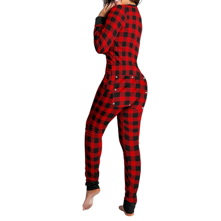 FOCUSNORM Women One Piece Pajamas Union Suit Buttoned Flap Jumpsuit Home Sleepwear Butt Flap pjs Walmart