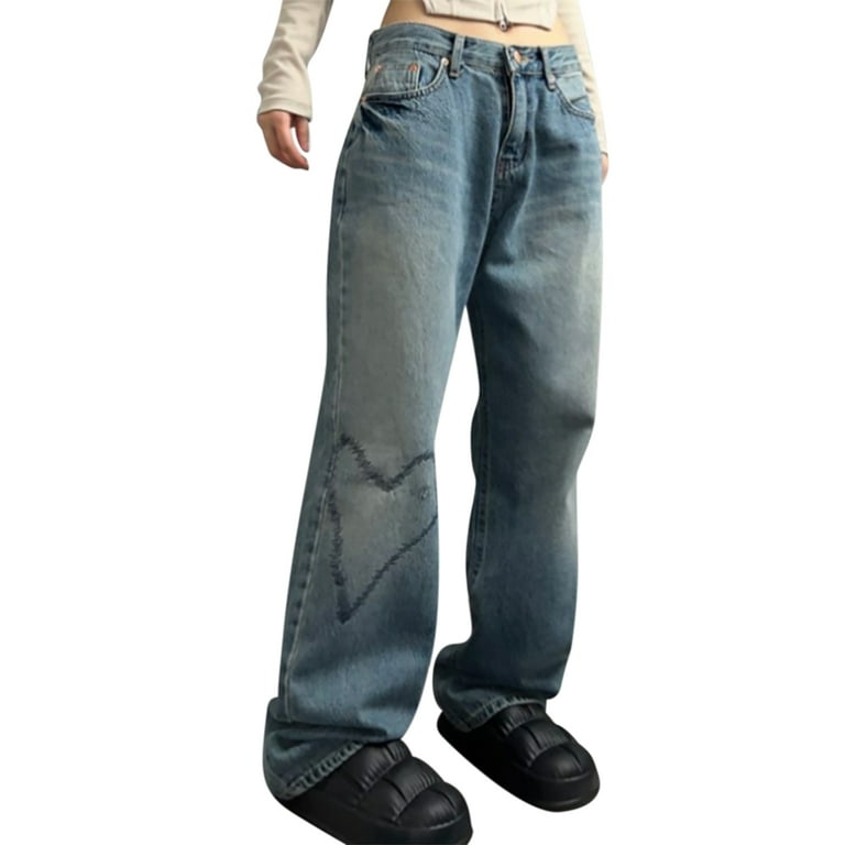FOCUSNORM Women Pockets Denim Pants High Waist Straight Leg FOCUSNORM Women Pockets Denim Pants High Waist Straight Leg