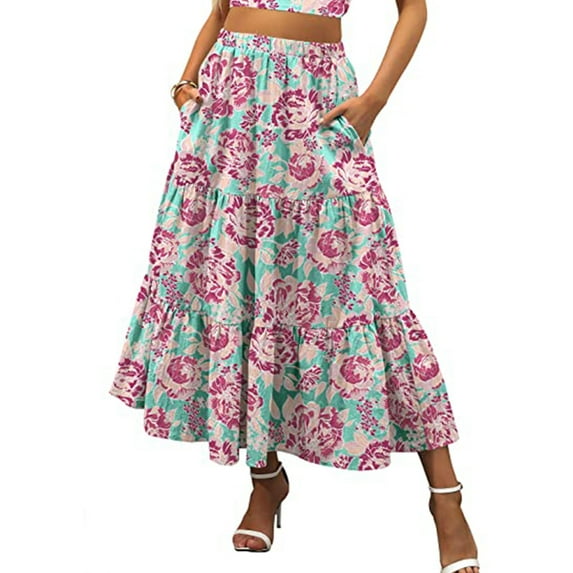 FOCUSNORM Women Tiered Skirt Ruffle Maxi Skirt High Waisted Flowy Boho Skirt Vintage Beach Long Hippie Skirt