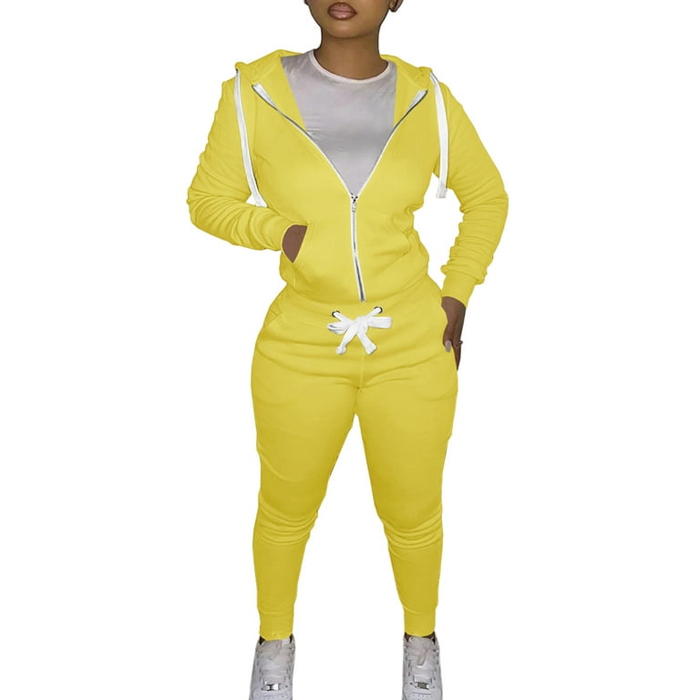 FOCUSNORM Two Piece Outfit For Women Long Sleeve Pullover With Hooded Long  Pants Tracksuit Jogger Set with Pockets 