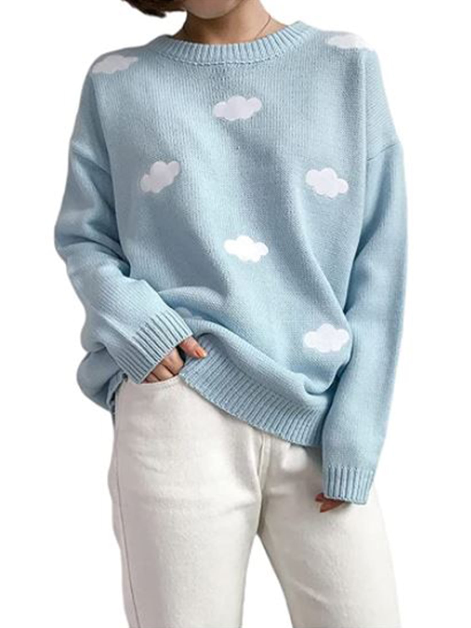 FOCUSNORM Women Y2K Long Sleeve College Loose Kawaii Cloud Harajuku Sweaters