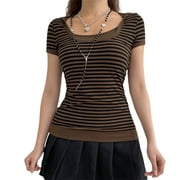 FOCUSNORM Women Y2K Stripe Crop Top Hoodie Short Sleeve Slim Fit Shirt Fairy Grunge Summer Tee