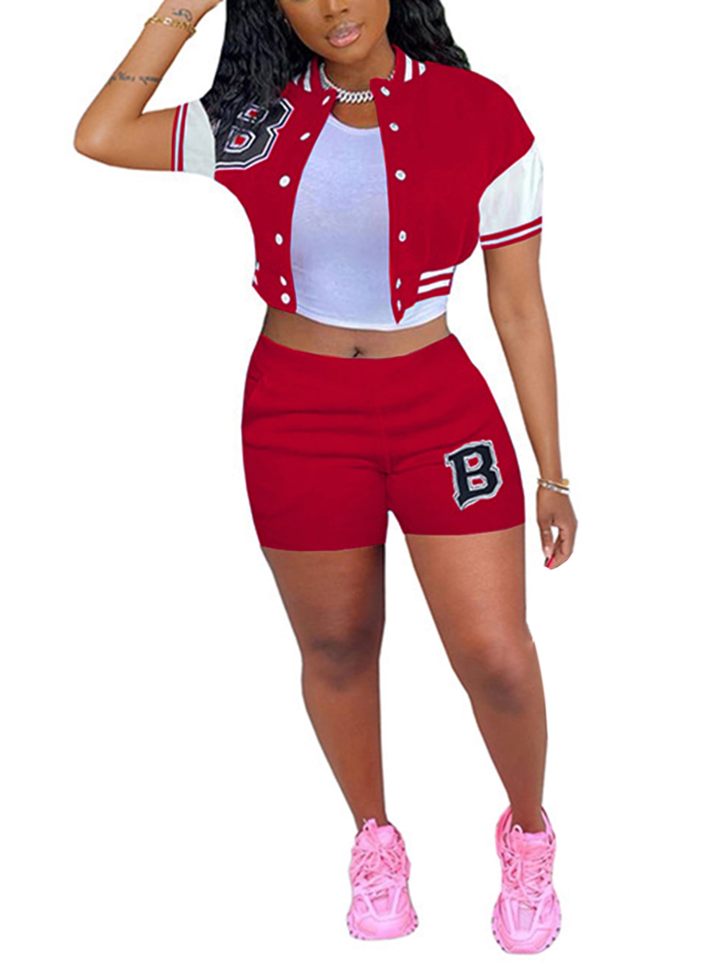 FOCUSNORM Women's 2 Piece Baseball Uniform Outfits Short Sleeve