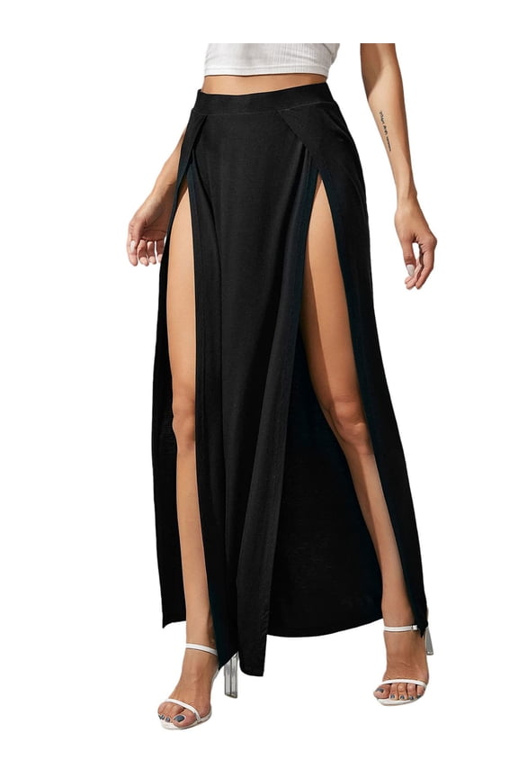 Women's Elastic Waist High Split Wrap Flowy Long Maxi Skirt