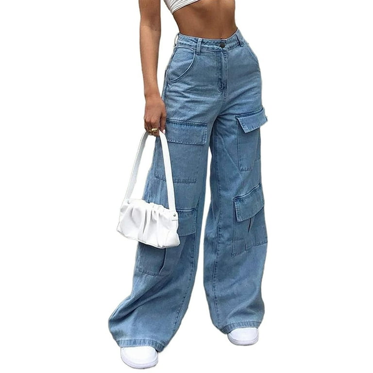 FOCUSNORM High Waist Baggy Cargo Jeans for Women Flap Pocket Relaxed Fit  Straight Wide Leg Y2K Pants 