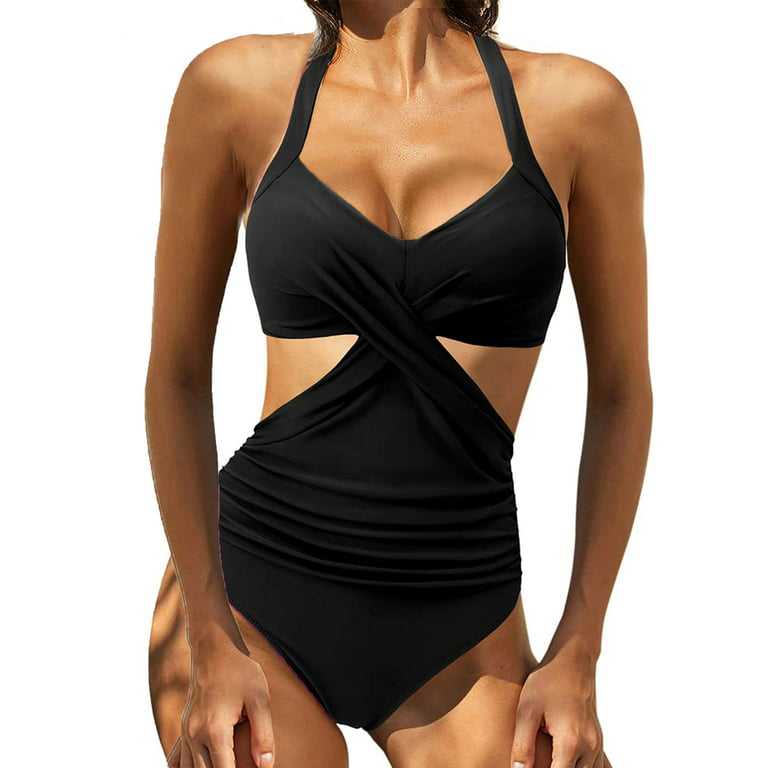 FOCUSNORM Women's One Piece Swimsuit Halter Tummy Control Beach Swimwear Bathing  Suit Swimming Costume 