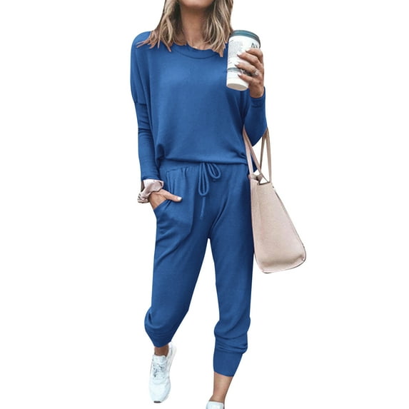 FOCUSNORM Women's Solid Sweatsuit Set 2 Piece Long Sleeve Pullover and Drawstring Sweatpants Sport Outfits Sets