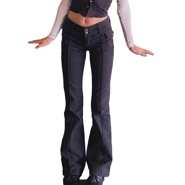 FOCUSNORM Women's Y2K Straight Leg Mid Waist Flare Pencil Vintage E-Girl  Streetwear Jeans