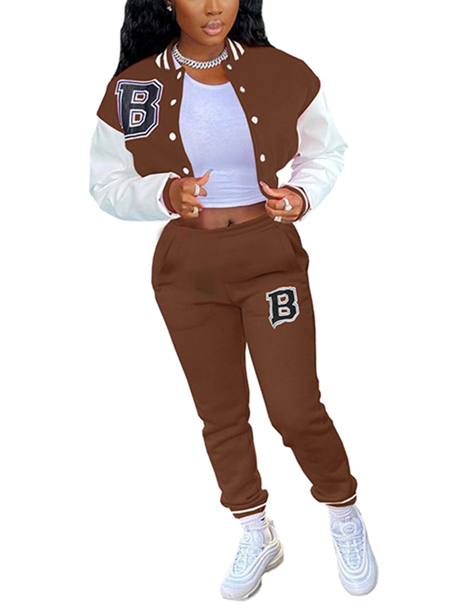 FOCUSNORM Womens 2Pcs Crop Baseball Jacket Tracksuit Varsity Jacket  Patchwork Outfit Letter Bomber Coat Bodycon Sweatpants Set 