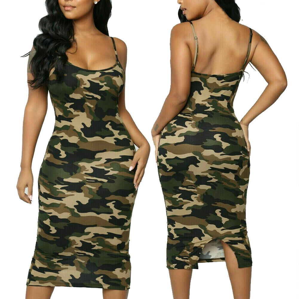FOCUSNORM Womens Camouflage Bodycon Sleeveless Beach Casual Party Dress ...