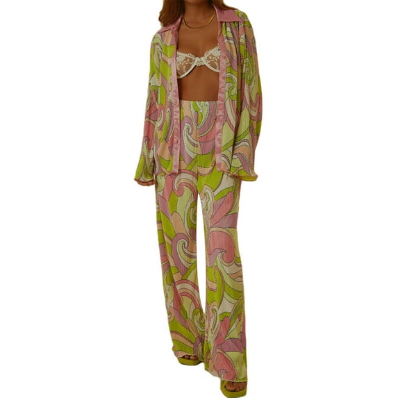 FOCUSNORM Womens Floral Two Piece Vacation Outfits Beach Hawaiian Shirts and Wide Leg Boho Pants Sets