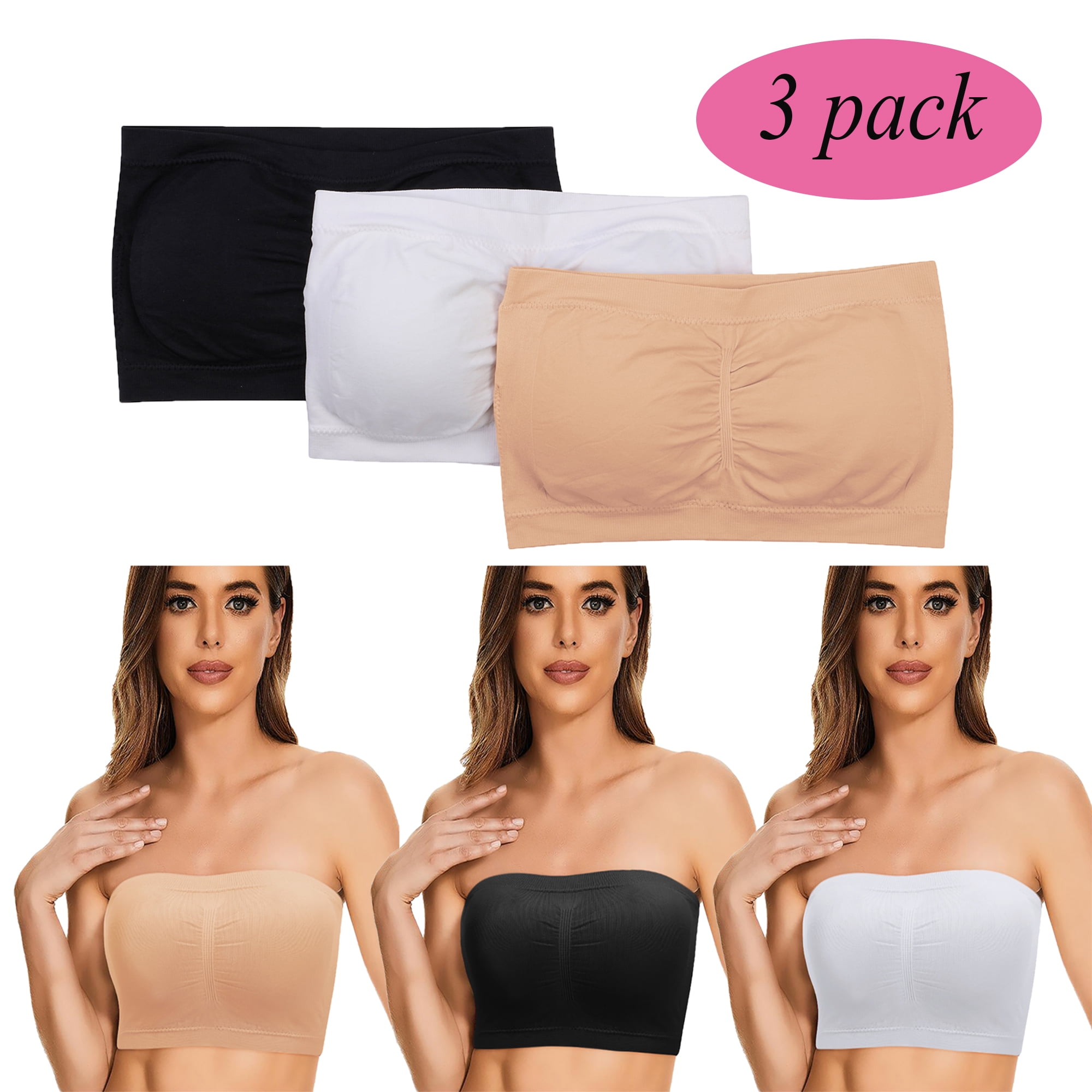 FOCUSSEXY 3-Pack Strapless Tube Tops for Women with Built-in