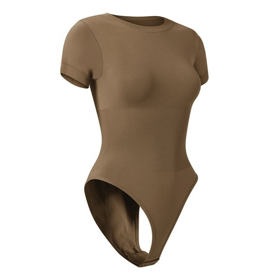 FOCUSSEXY Body Suits for Womens Tummy Control Shapewear Short Sleeve Round Neck Casual Stretchy Basic T Shirt Bodysuit Shirts Crew Neck T Shirts Leotards Top