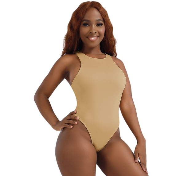 FOCUSSEXY One Piece Bodysuit for Women Tummy Control Sleeveless Racer Back Halter Neck Bodysuit Tank Tops Tummy Control Tops