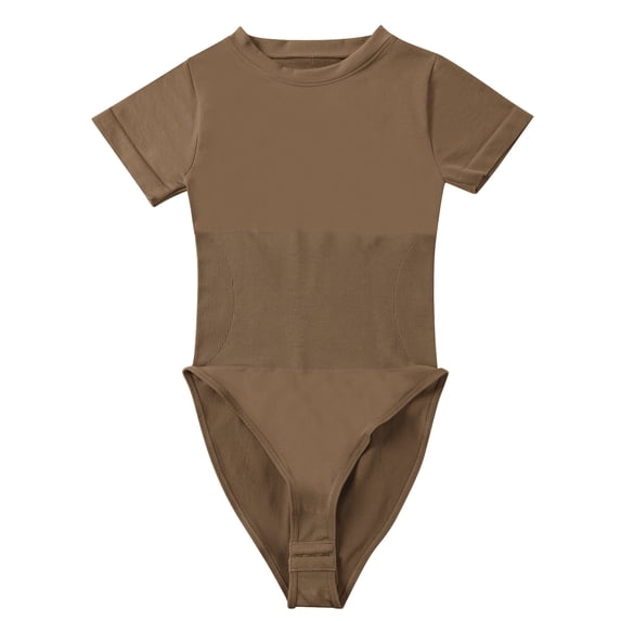 FOCUSSEXY Women's Round Neck Short Sleeve T Shirts Basic Bodysuits One Piece Crew Neck Tops Bodysuits Tummy Control Shapewear Bodysuit T Shirts
