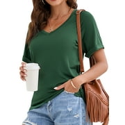 FOCUSSEXY Women's V-Neck T-Shirt Solid Color Top Short Sleeve Casual Tops Tshirts Breathable Short Sleeve Shirts Loungewear Casual Tee Tops, Black/White/Army green color