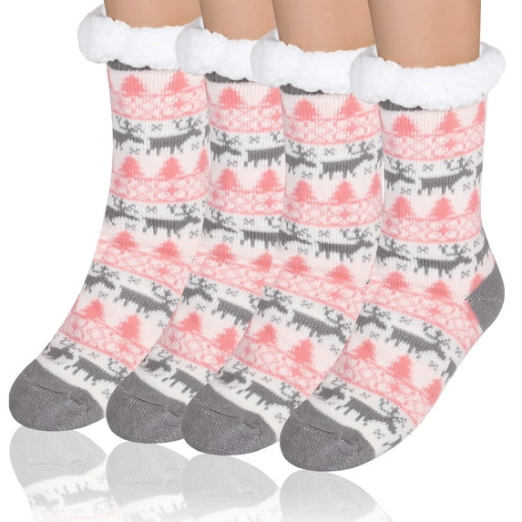 FOCUSSEXY Womens Fuzzy Socks with Grips Non Slip Slipper Socks Cozy Christmas Gift Warm Fluffy Gripper Socks 4 Pair