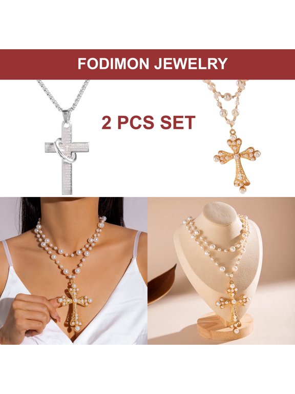 Cross Pendant Necklace for women pendants and Stainless Steel Cross Pendant Necklace for Men Women Iced Out Cuban Link Chain, Miami Style Bling Necklace set of 2 pcs