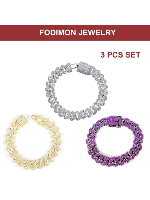 Cuban Link Bracelet Iced Out Miami Gold Plated Hip Hop Full CZ Bracelet Cuban Link Chain Silver/Gold Anklets for Men Women 3pcs set