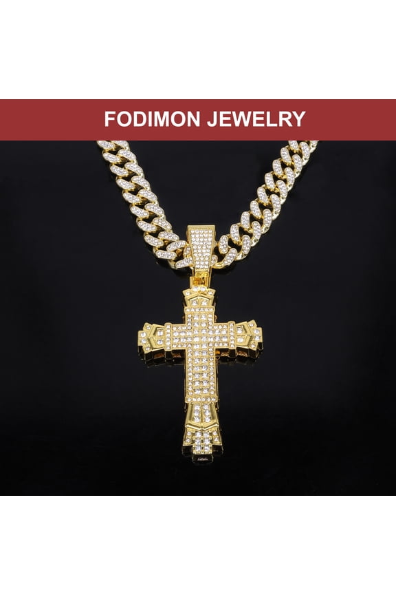 Cuban Link Cross Pendant Necklace for men women, Hip Hop Rapper Iced Out Bling Rhinestone Pendant with 20inch Miami Cuban Link Chain Necklaces for Women Men-Gold
