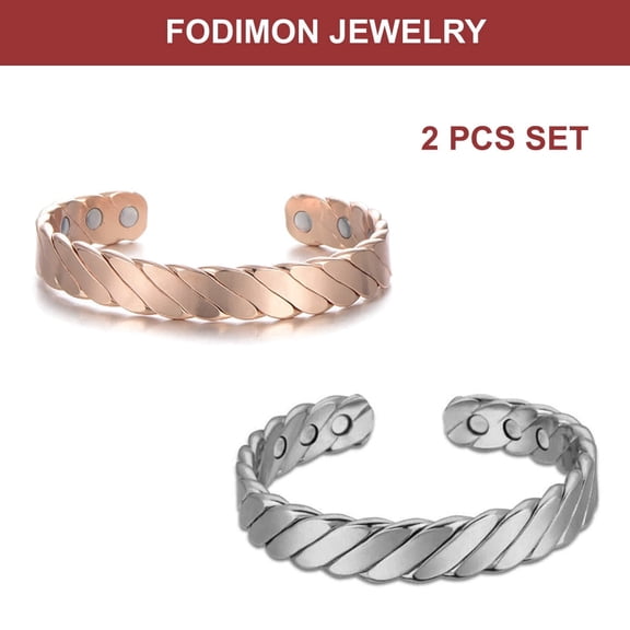 FODIMON Copper Bracelets – Effective Pure Copper Bracelet for Men and Women – Copper Cuff Adjustable Bracelet Bangles (Twisted Brushed Silver/Copper Cuff Bracelet) 2pcs