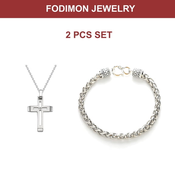 FODIMON Men's Cross Pendant Necklace Stainless Steel Cross Pendant Necklace for Men Women Iced Out Cuban Link Chain bracelet Necklace set, Hip Hop jewelry set of 2 pcs