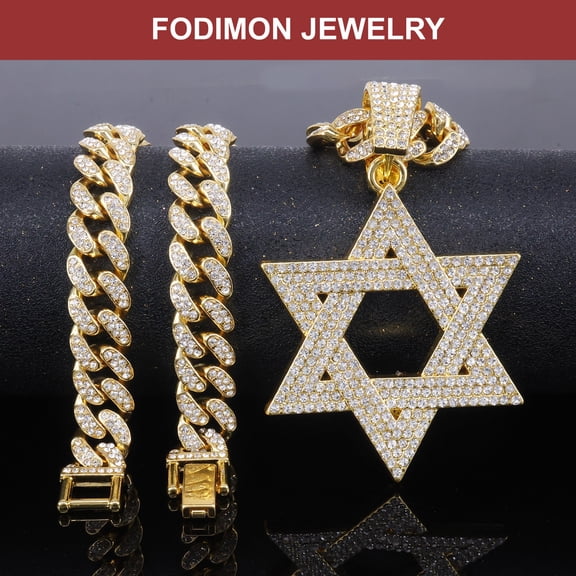 FODIMON Star of David Necklace for Men Women, Iced Out Jewish Star Pendant Necklace, Prong Setting Cubic Zirconia Hip Hop Jewelry with 20" Cuban Link Chain necklace