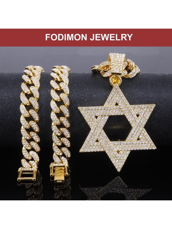 Star of David Necklace for Men Women, Iced Out Jewish Star Pendant Necklace, Prong Setting Cubic Zirconia Hip Hop Jewelry with 20" Cuban Link Chain necklace