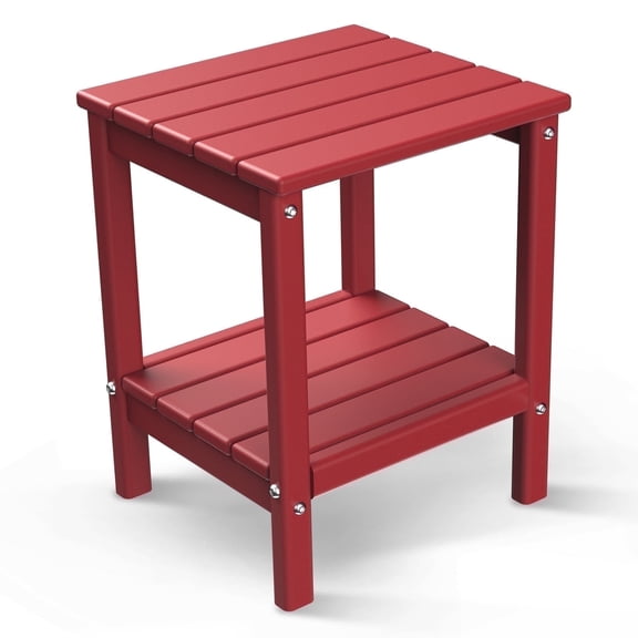 FODINGHILL 2-Tier Outdoor Side Table, HDPE All Weather Adirondack Patio Table with Storage Shelf, Outside End Table for Porch Backyard Indoor, Red