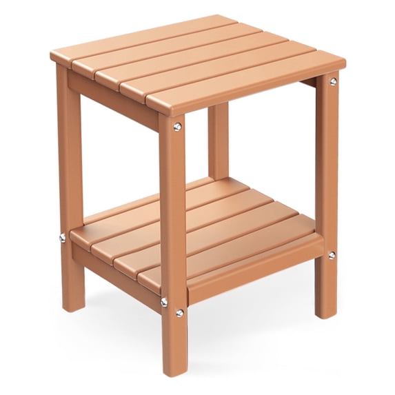 FODINGHILL 2-Tier Outdoor Side Table, HDPE All Weather Adirondack Patio Table with Storage Shelf, Outside End Table for Porch Backyard Indoor, Teak