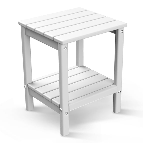 FODINGHILL 2-Tier Outdoor Side Table, HDPE All Weather Adirondack Patio Table with Storage Shelf, Outside End Table for Porch Backyard Indoor, White