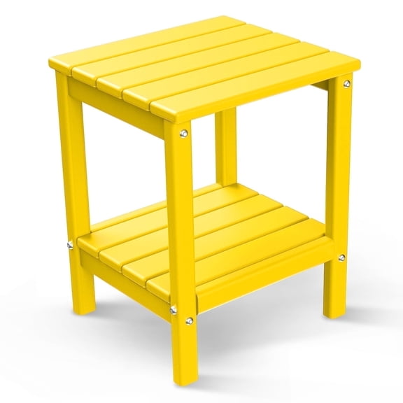 FODINGHILL 2-Tier Outdoor Side Table, HDPE All Weather Adirondack Patio Table with Storage Shelf, Outside End Table for Porch Backyard Indoor, Yellow