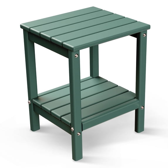 FODINGHILL 2-Tier Outdoor Side Table, HDPE All Weather Adirondack Patio Table with Storage Shelf, Outside End Table for Porch Backyard Indoor, Dark Green