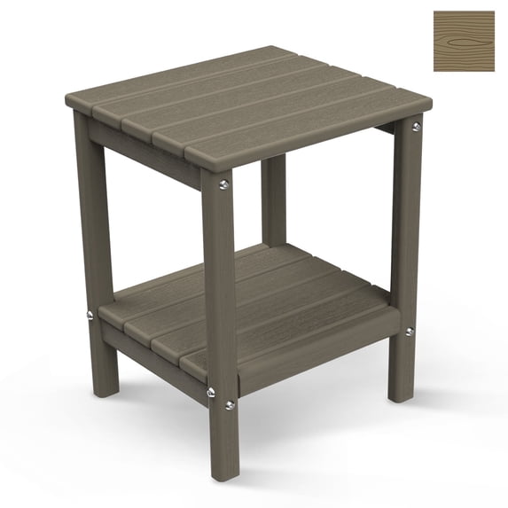 FODINGHILL 2-Tier Outdoor Side Table, HDPE All Weather Adirondack Patio Table with Storage Shelf, Outside End Table for Porch Backyard Indoor, Wood Grain