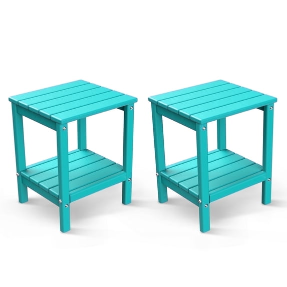 FODINGHILL 2-Tier Outdoor Side Table set of 2, HDPE All Weather Adirondack Patio Table with Storage Shelf, Outside End Table for Porch Backyard Indoor, Aqua