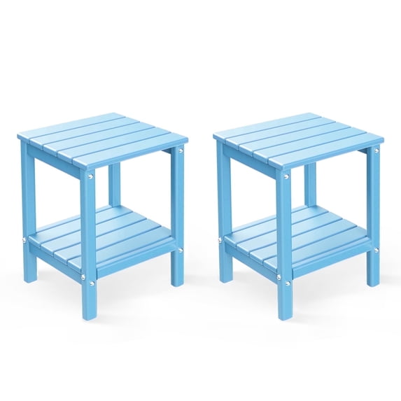 FODINGHILL 2-Tier Outdoor Side Table set of 2, HDPE All Weather Adirondack Patio Table with Storage Shelf, Outside End Table for Porch Backyard Indoor, Arctic