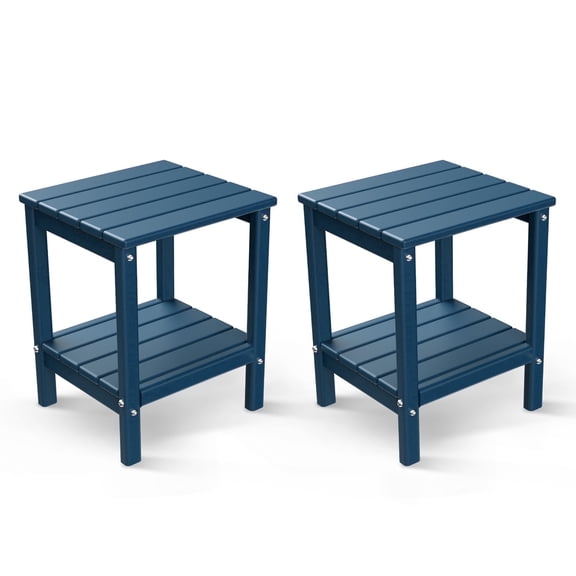 FODINGHILL 2-Tier Outdoor Side Table set of 2, HDPE All Weather Adirondack Patio Table with Storage Shelf, Outside End Table for Porch Backyard Indoor, Blue