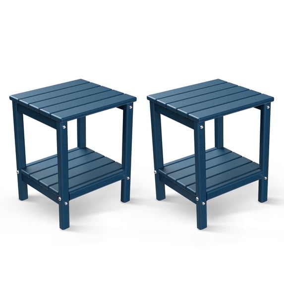 FODINGHILL 2-Tier Outdoor Side Table set of 2, HDPE All Weather Adirondack Patio Table with Storage Shelf, Outside End Table for Porch Backyard Indoor, Blue